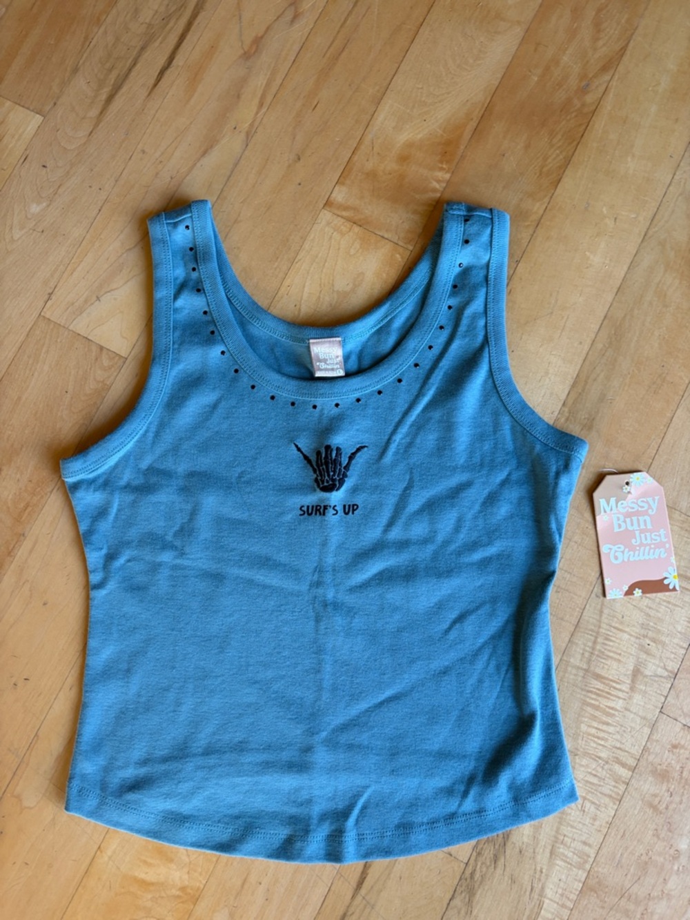 Messy Bun Surf's Up NWT Cropped Slate Blue Tank Beach Fitted Summer Nautical SzL